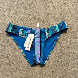 Lucky Brand Blue Floral Honeycomb Mixed Print Ruched Bikini Bottom Small NEW